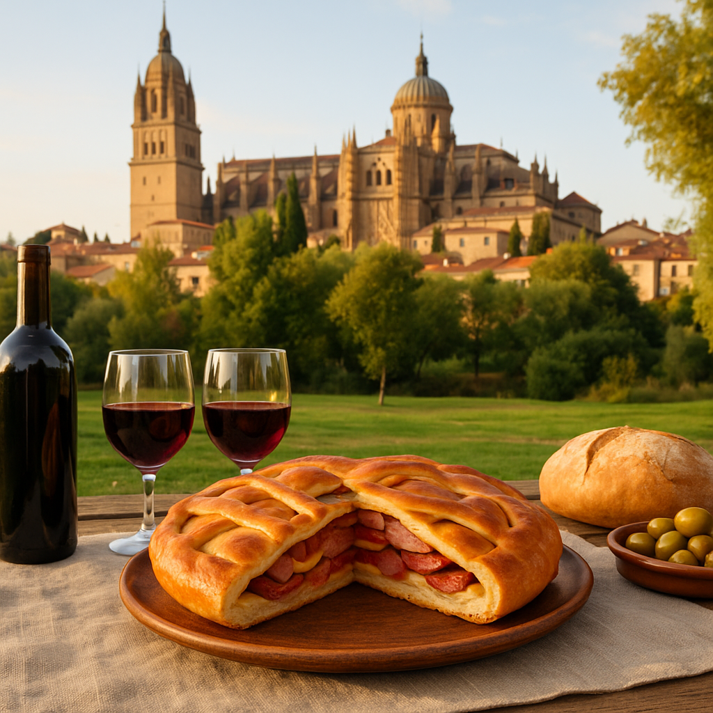 Hornazo tradicional de Salamanca recién horneado con relleno de embutidos y huevo